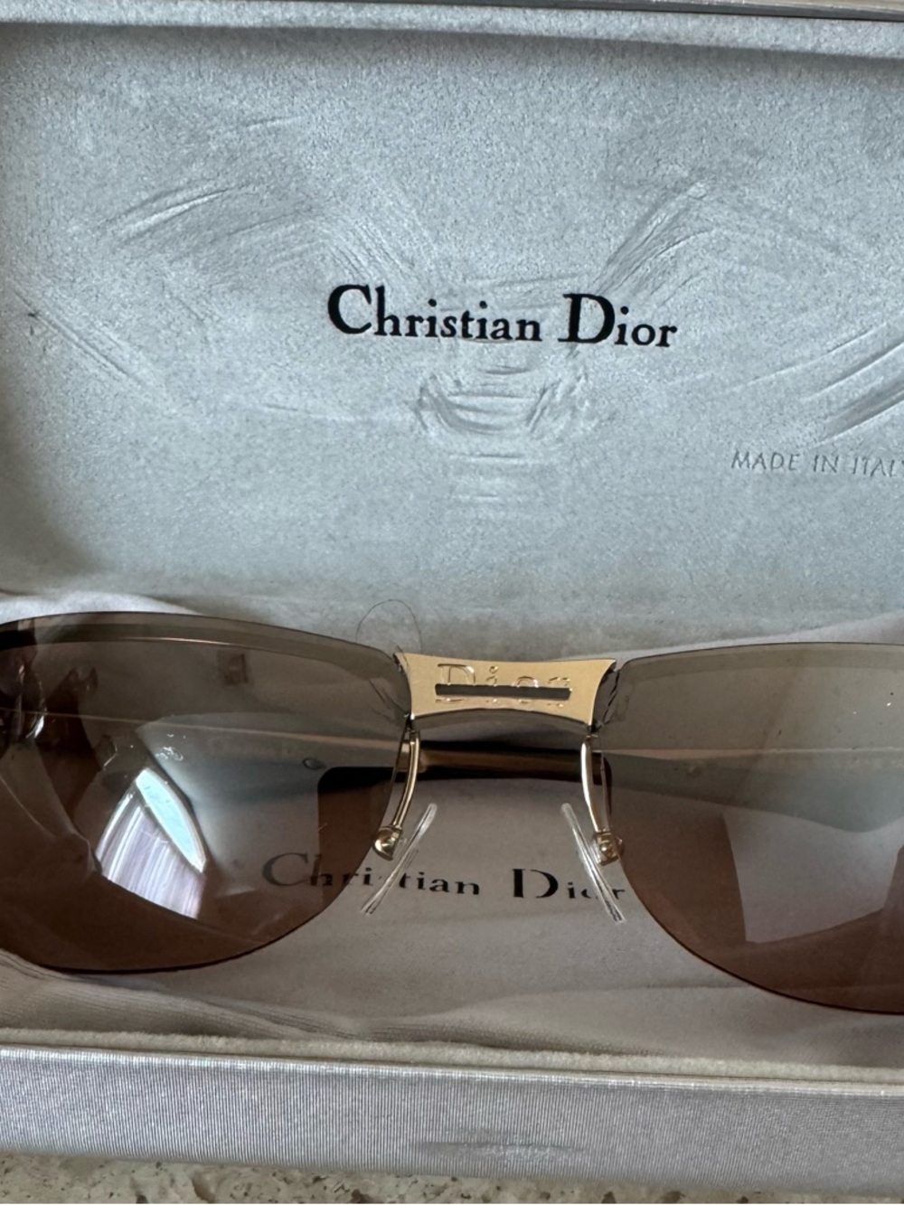 Vintage Christian Dior Metal Rimless Sunglasses with Brown Lenses